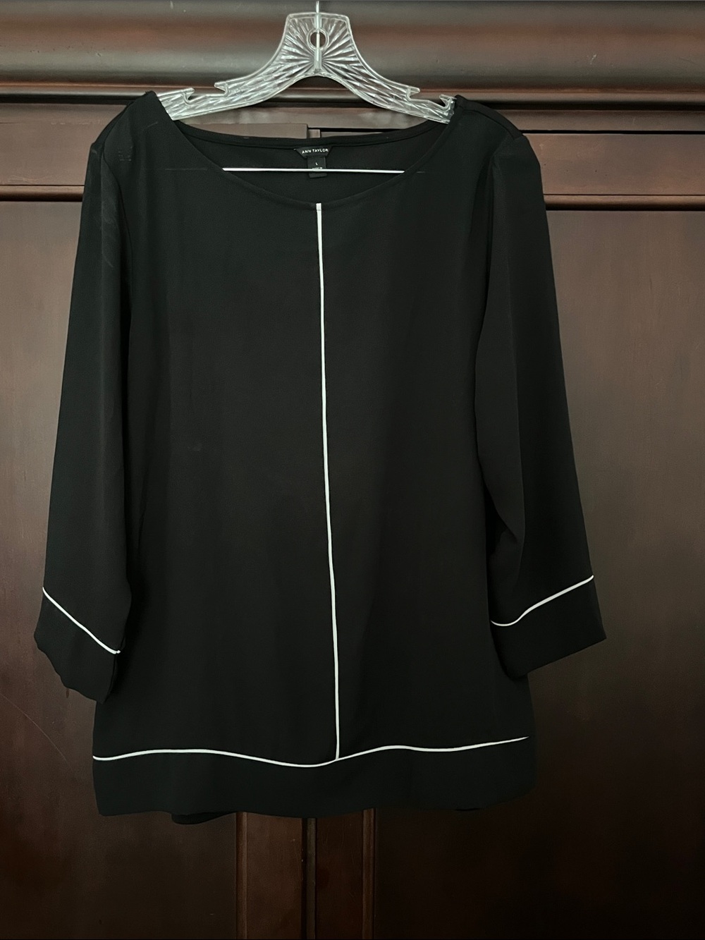 Ann Taylor Black Blouse with White Piping